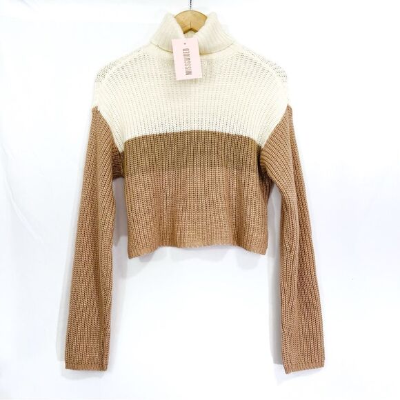 Missguided Cropped Colorblock Knit Turtleneck Sweater Tan Neutral Fall XS 2/4 - Picture 5 of 8